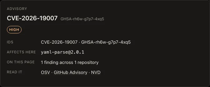 An advisory in the dashboard: its ids, the package and version it affects here, and links to read it.