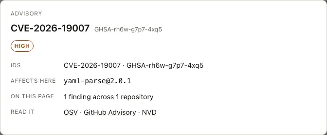 An advisory in the dashboard: its ids, the package and version it affects here, and links to read it.