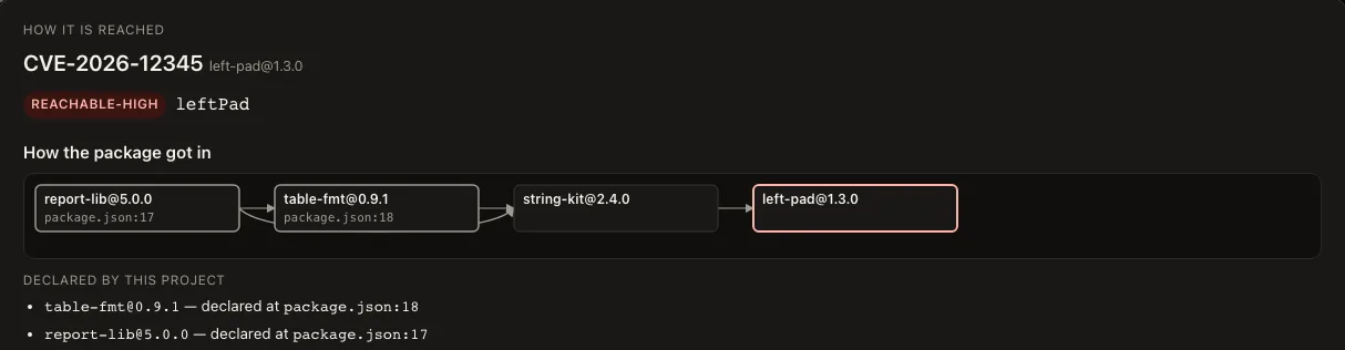 The vulnerable function a finding is about, and how its package got into the project, from the manifest down.