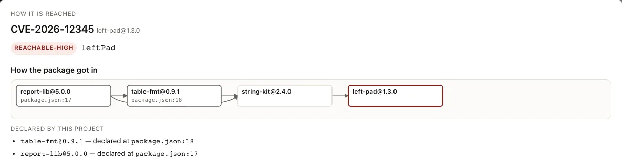 The vulnerable function a finding is about, and how its package got into the project, from the manifest down.