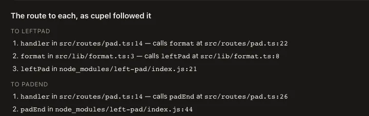 The route cupel followed to each vulnerable function, every step with its file and line.